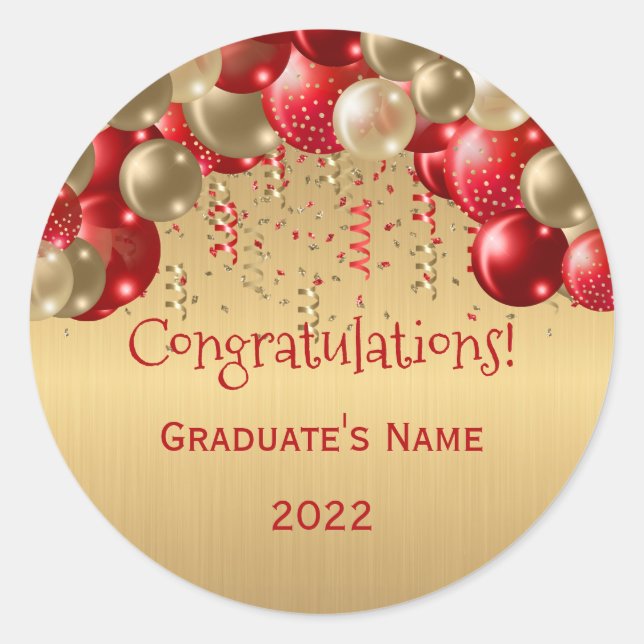 Trendy Red Gold Balloons Graduation Classic Round Sticker (Front)