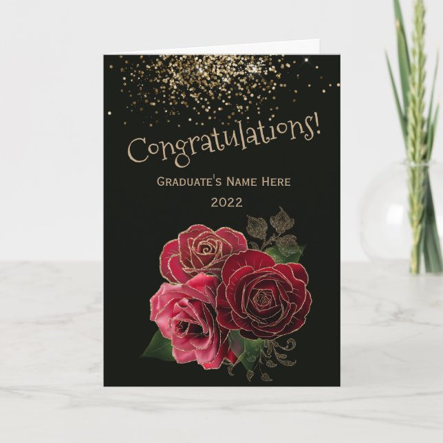 Trendy Red Gold Rose Congratulations Graduation Card (Front)
