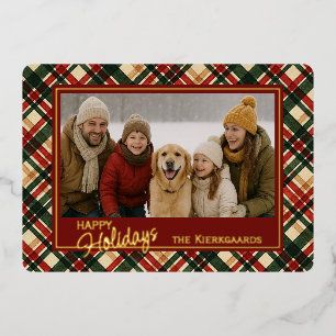Trendy Red Green Plaid Watercolor Pattern And Gold Foil Holiday Card