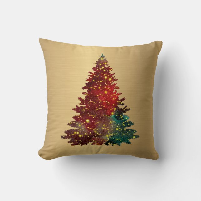 Trendy Red Green Watercolor Tree Gold Christmas Throw Pillow (Front)