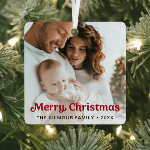 Trendy RED Merry Christmas Family Photo Metal Ornament