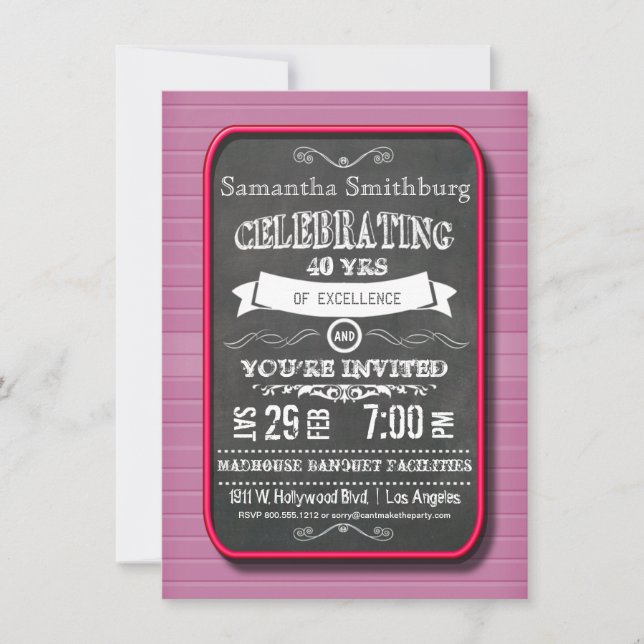 Trendy Red Neon Chalkboard Birthday Party Invite (Front)
