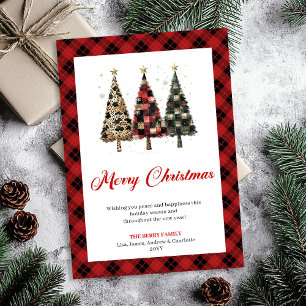 Trendy Red Plaid Christmas Tree Leopard Pattern   Holiday Card
