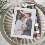 Trendy Red Plaid Merry Christmas Script Photo Holiday Card<br><div class="desc">This beautiful, modern Trendy Red Plaid Merry Christmas Script Photo Christmas Holiday Card features your vertical wedding photo behind a white border. The word 'Merry' appears in breakout border fashion in the upper left, followed by the word "Christmas" in a beautiful, bold hand lettered typography, both in rich, festive red....</div>