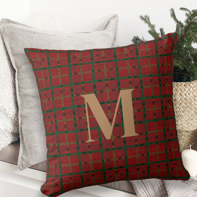 Trendy Red Plaid Monogram Throw Pillow (Creator Uploaded)