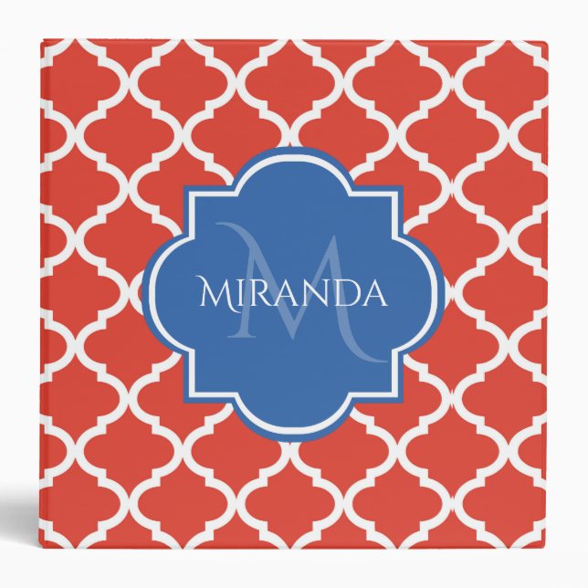 Trendy Red Quatrefoil Blue Monogram and Name Binder (Front)
