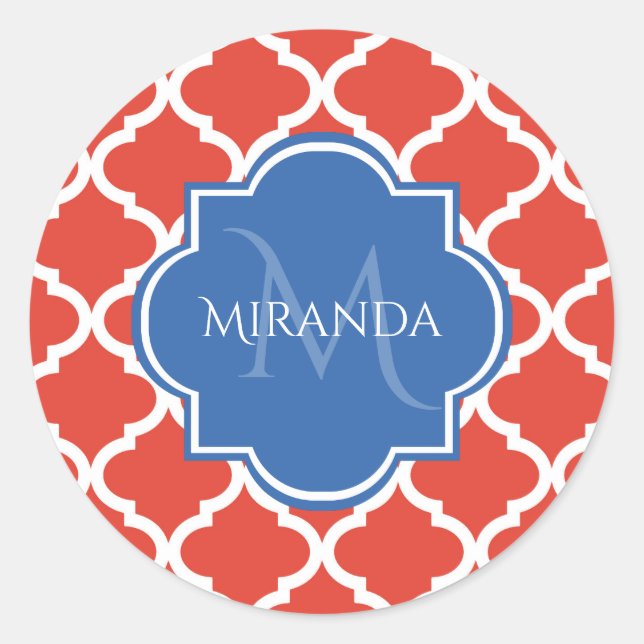 Trendy Red Quatrefoil Blue Monogram and Name Classic Round Sticker (Front)