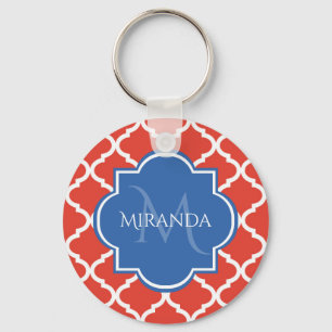 Trendy Red Quatrefoil Blue Monogram and Name Keychain