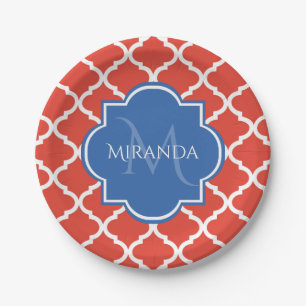 Trendy Red Quatrefoil Blue Monogram and Name Paper Plate