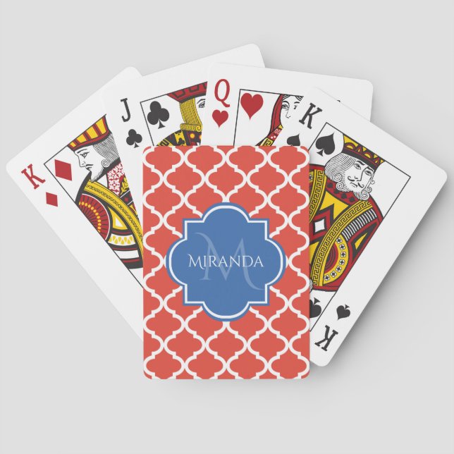 Trendy Red Quatrefoil Blue Monogram and Name Playing Cards (Back)
