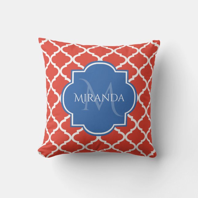 Trendy Red Quatrefoil Blue Monogram and Name Throw Pillow (Front)