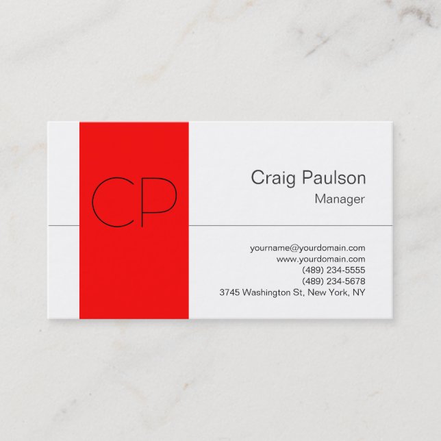Trendy Red Stripe White Monogram Business Card (Front)
