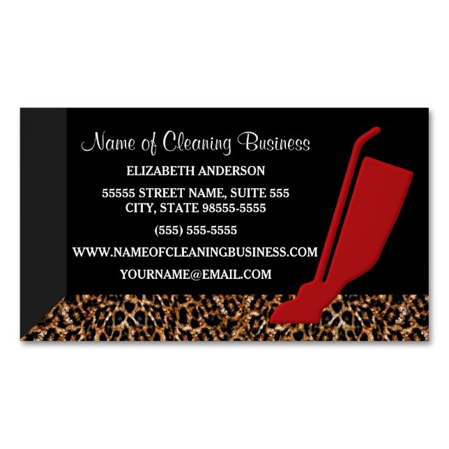 Trendy Red Vacuum Leopard Housekeeping Service Magnetic Business Card (Front)