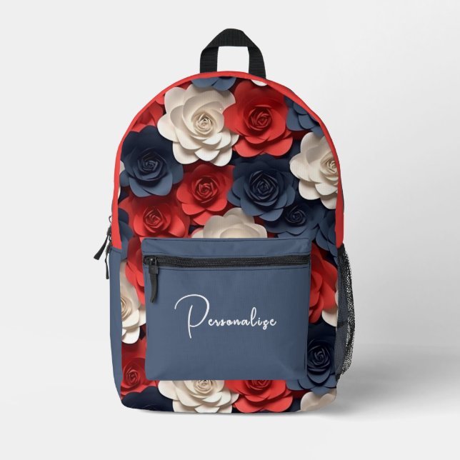 Trendy Red White Blue Roses Custom Name Printed Backpack (Front)