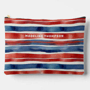 Trendy Red White Blue Stripes American Watercolor Accessory Pouch