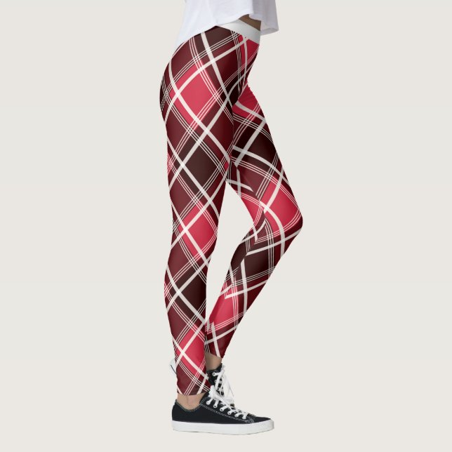 Trendy Red White Maroon Geometric Diamond Pattern Leggings (Right)