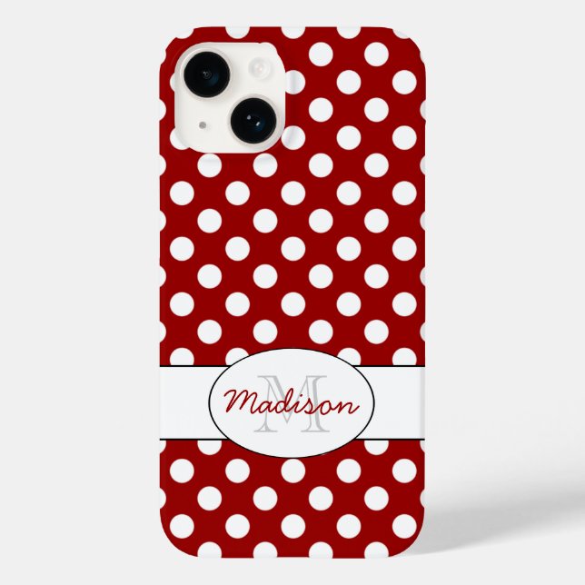 Trendy Red White polka dots Monogram Case-Mate iPhone Case (Back)