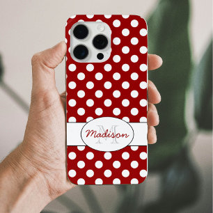 Trendy Red White polka dots pattern Monogram Case-Mate iPhone 14 Pro Max Case