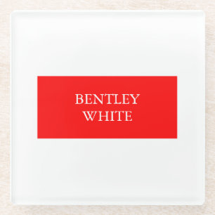 Trendy Red White Stylish Simple Plain Your Name Glass Coaster