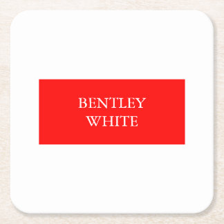 Trendy Red White Stylish Simple Plain Your Name Square Paper Coaster