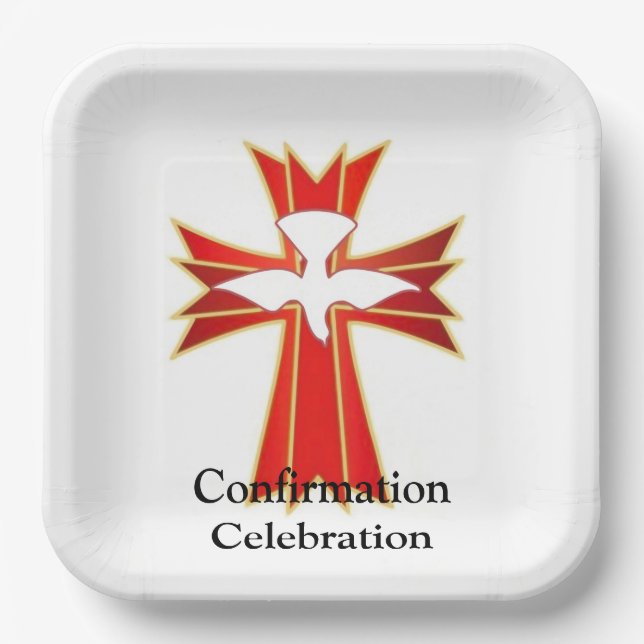 Trendy Red Yellow Fire and Dove Cross Confirmation Paper Plate (Front)