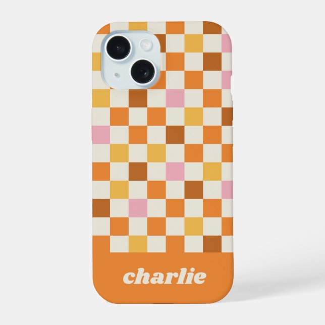 Trendy Retro Chequerboard Monogram iPhone 15 Case (Back)