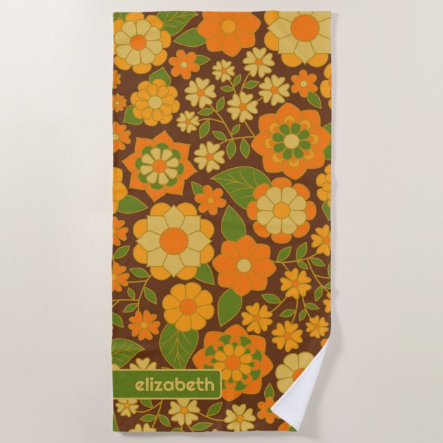Trendy Retro Floral Pattern Custom name block  Beach Towel (Front)