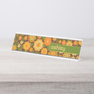 Trendy Retro Floral Pattern Custom name block  Desk Name Plate