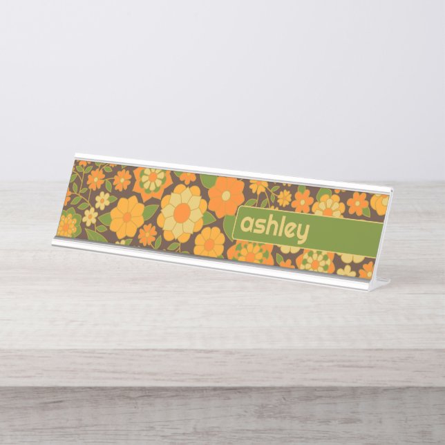 Trendy Retro Floral Pattern Custom name block  Desk Name Plate (Front)