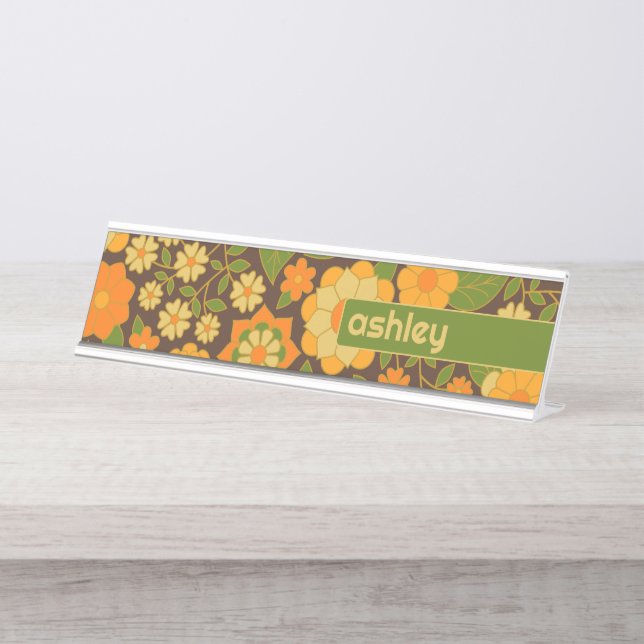 Trendy Retro Floral Pattern Custom name block  Desk Name Plate (Front)