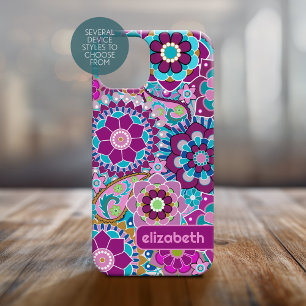 Trendy Retro Floral Pattern custom name block iPhone 15 Case