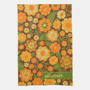 Trendy Retro Floral Pattern Custom name block  Kitchen Towel