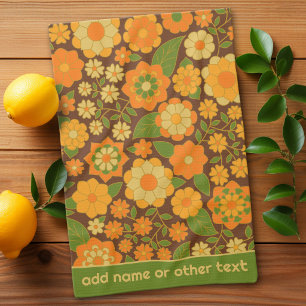 Trendy Retro Floral Pattern Custom name block Kitchen Towel