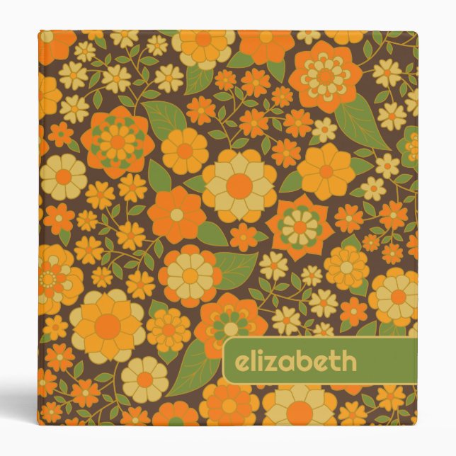 Trendy Retro Floral Pattern with name block Binder (Front)