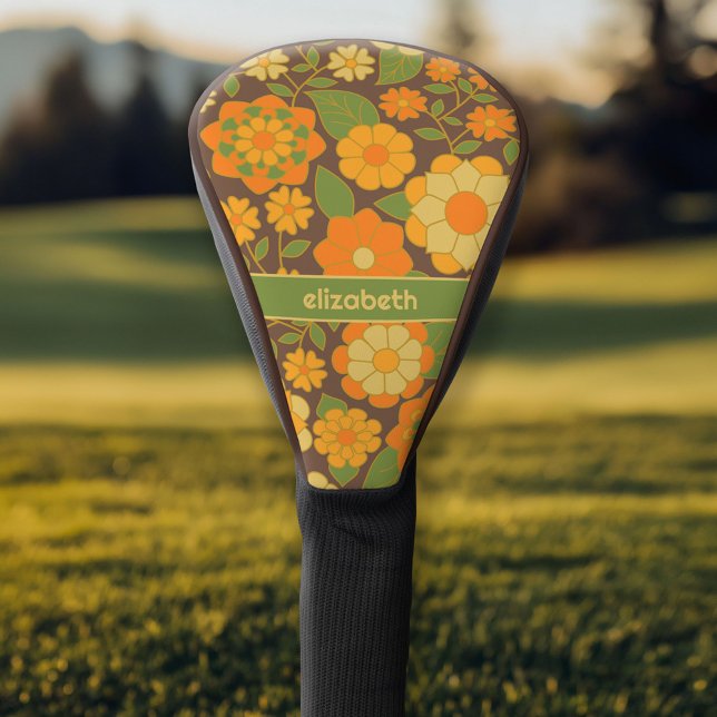 Trendy Retro Floral Pattern with name block Golf Head Cover (Personalized Golf Head Cover)