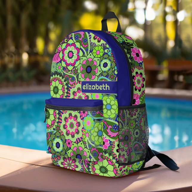 Trendy Retro Floral Pattern with name block Printed Backpack (Personalized Backpack with retro floral pattern plus custom name)