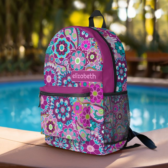 Trendy Retro Floral Pattern with name block Printed Backpack (Personalized Backpack with  Custom Name)