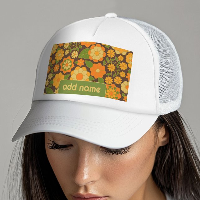 Trendy Retro Floral Pattern with name block Trucker Hat (Custom Trucker Hat with Custom Text)
