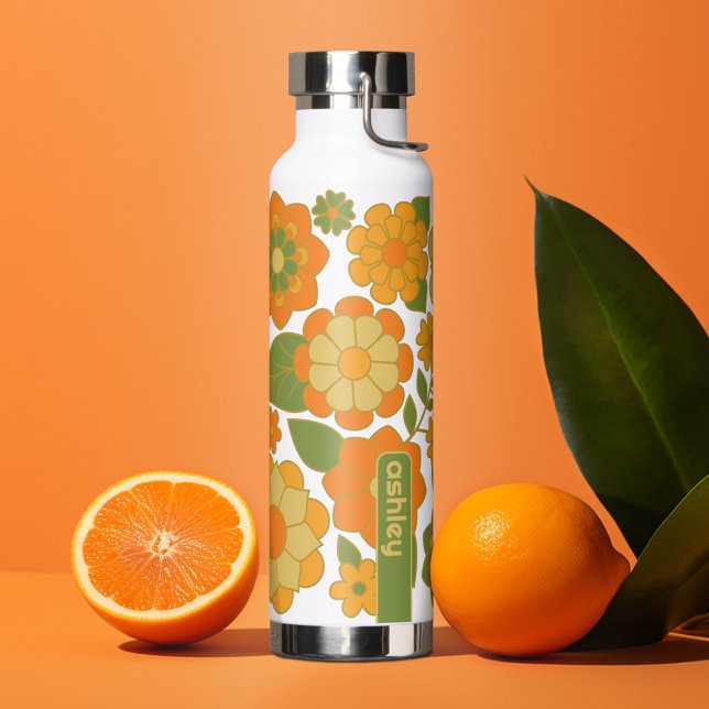 Trendy Retro Floral Pattern with name block  Water Bottle (Personalized Water Bottle)