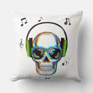 Trendy retro glitch music skull with headphones  throw pillow