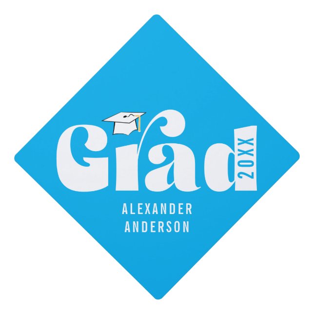 Trendy Retro Grad Class of 2024 Blue Graduation Cap Topper (Front)