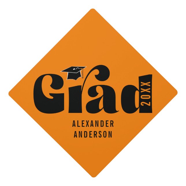 Trendy Retro Grad Class of 2024 Orange Graduation Cap Topper (Front)