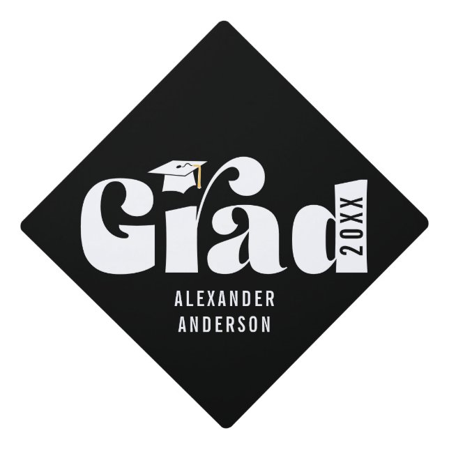 Trendy Retro Grad Class of 2025 Black Graduation Cap Topper (Front)