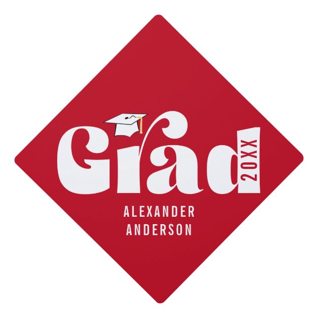 Trendy Retro Grad Class of 2026 Red Graduation Cap Topper (Front)