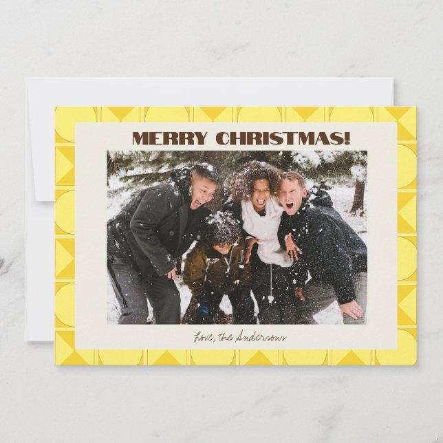 Trendy Retro Mid Modern Yellow Geometric Christmas Holiday Card (Front)