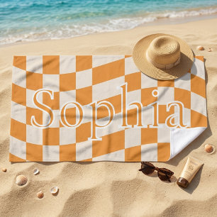 Trendy Retro Orange Chequered Personalized Name Beach Towel