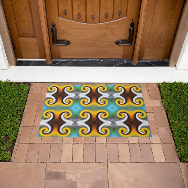 Trendy retro pattern in yellow, blue, brown, white doormat (Outdoor)