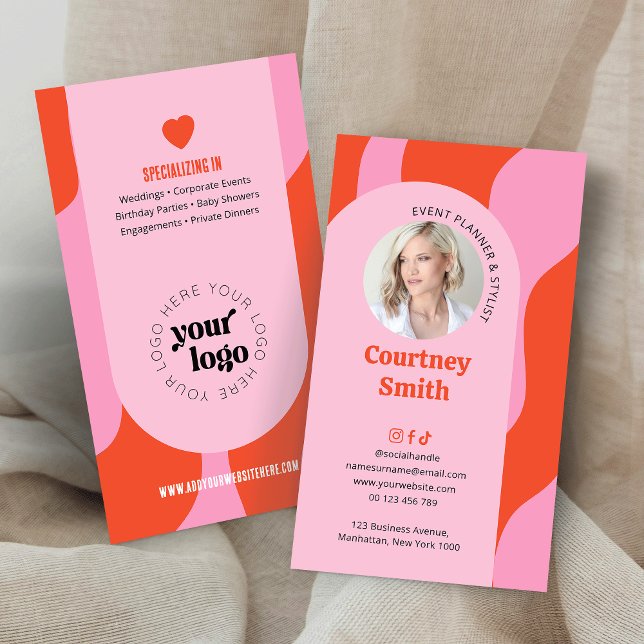 Trendy Retro Pink & Red Event Planner Logo Photo Business Card (Trendy pink and red business cards with photo and groovy fonts + arch background)