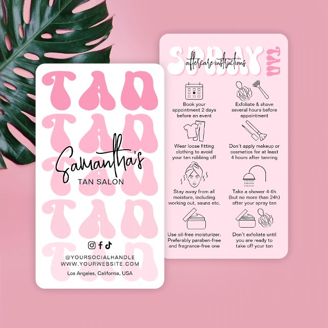 Trendy Retro Pink Spray Tan Care Instructions Business Card (Embrace the retro charm with these pink aesthetic tanning salon after care cards with care icons)
