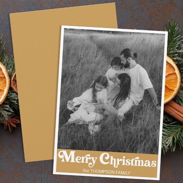 Trendy Retro Typography Gold Christmas Photo Holiday Card (Creator Uploaded)